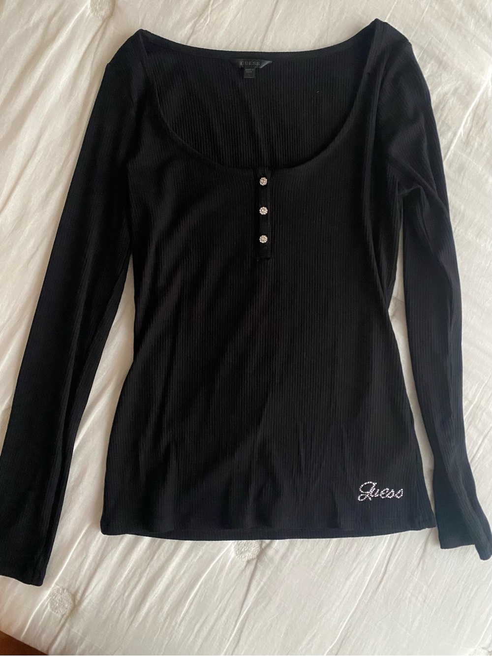 GUESS Black Ribbed Long Sleeve Scoop Neck Top with Rhinestone Details
